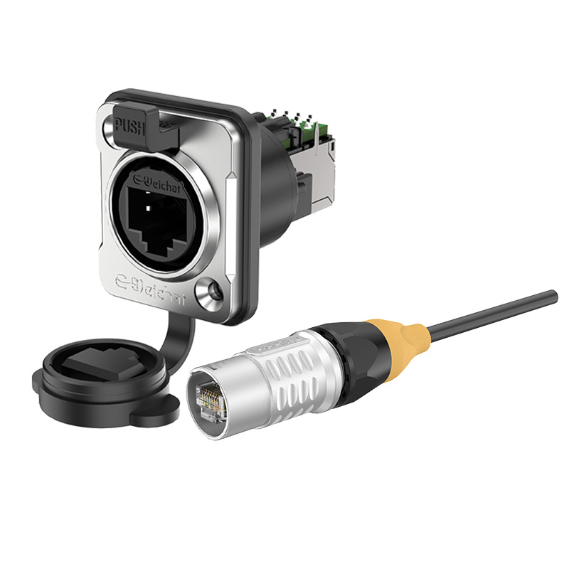 ER- RJ45 Flange Waterproof RJ45 Waterproof Connectors Yellow Buckle Type 90° Double Plug